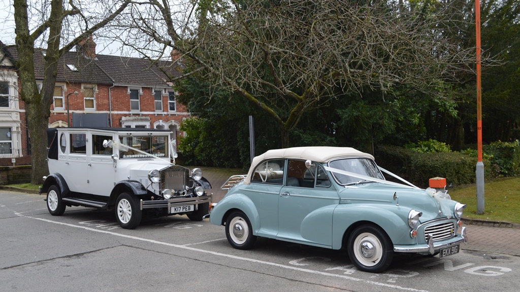 Imperial and Morris Minor wedding cars