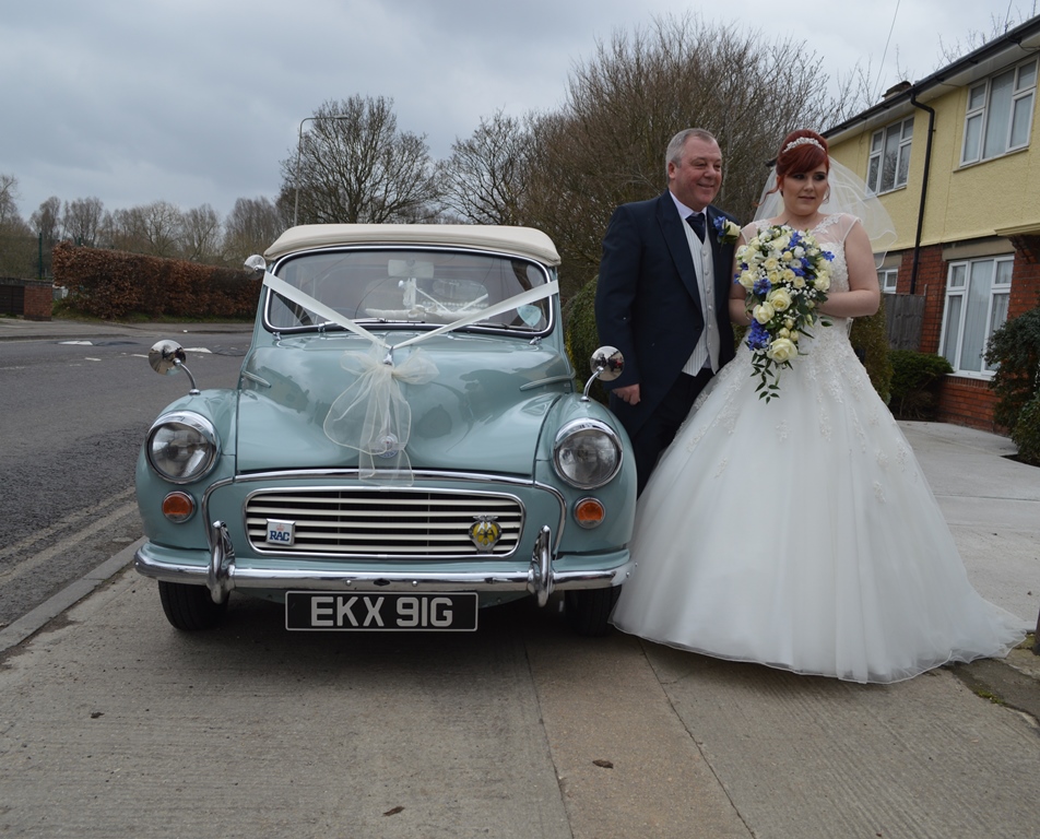 Lucy and her Father with Morris Minor wedding car