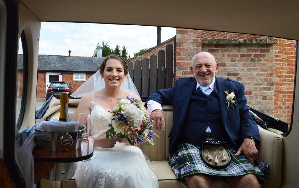 Meg & her Father in Imperial wedding car